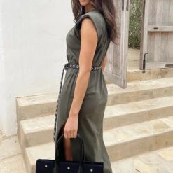 Schoudervulling Maxi Split Jurk Army -Exporteren Dames Glam Winkel Schoudervulling Maxi Split Jurk Army 4 586x900 1