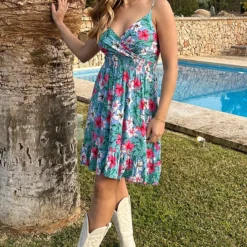 Spaghetti Jurk Tropical Flower Blauw -Exporteren Dames Glam Winkel Spaghetti Jurk Tropical Flower Blauw 2 586x900 1