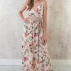 Spaghetti Maxi Jurk Bloemen Palm Beige