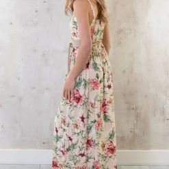 Spaghetti Maxi Jurk Bloemen Palm Beige -Exporteren Dames Glam Winkel Spaghetti Maxi Jurk Bloemen Palm Beige 6 586x900 1