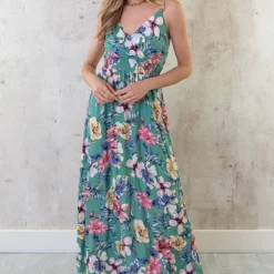 Spaghetti Maxi Jurk Bloemen Palm Mint -Exporteren Dames Glam Winkel Spaghetti Maxi Jurk Bloemen Palm Mint 3 586x900 1
