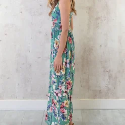 Spaghetti Maxi Jurk Bloemen Palm Mint -Exporteren Dames Glam Winkel Spaghetti Maxi Jurk Bloemen Palm Mint 5 586x900 1
