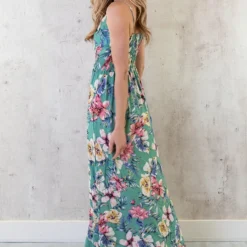 Spaghetti Maxi Jurk Bloemen Palm Mint -Exporteren Dames Glam Winkel Spaghetti Maxi Jurk Bloemen Palm Mint 6 586x900 1