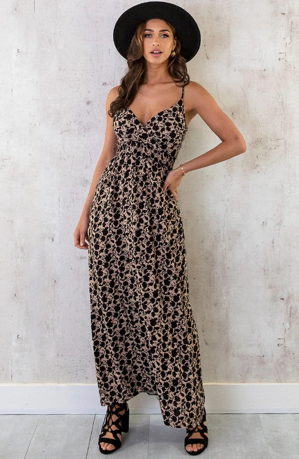 Spaghetti Maxi Jurk Print Camel Zwart 4 Spaghetti Maxi Jurk Print Camel Zwart - Afbeelding 4