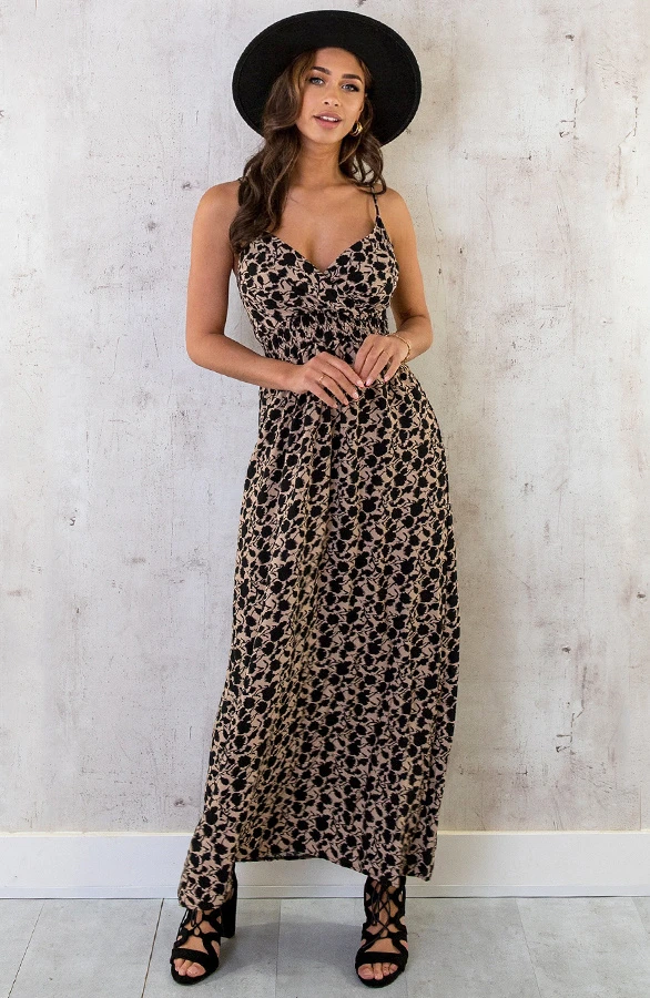 Spaghetti Maxi Jurk Print Camel Zwart 3 Spaghetti Maxi Jurk Print Camel Zwart - Afbeelding 3