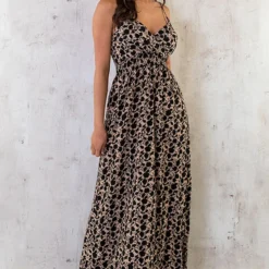 Spaghetti Maxi Jurk Print Camel Zwart