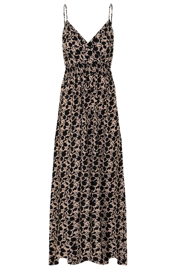 Spaghetti Maxi Jurk Print Camel Zwart 8 Spaghetti Maxi Jurk Print Camel Zwart - Afbeelding 8