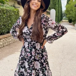 V-hals Jurk Paris Bloemen Zwart Roze