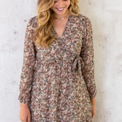 V-hals Strik Jurk Flower Beige -Exporteren Dames Glam Winkel V hals Strik Jurk Flower Beige 6 586x900 1