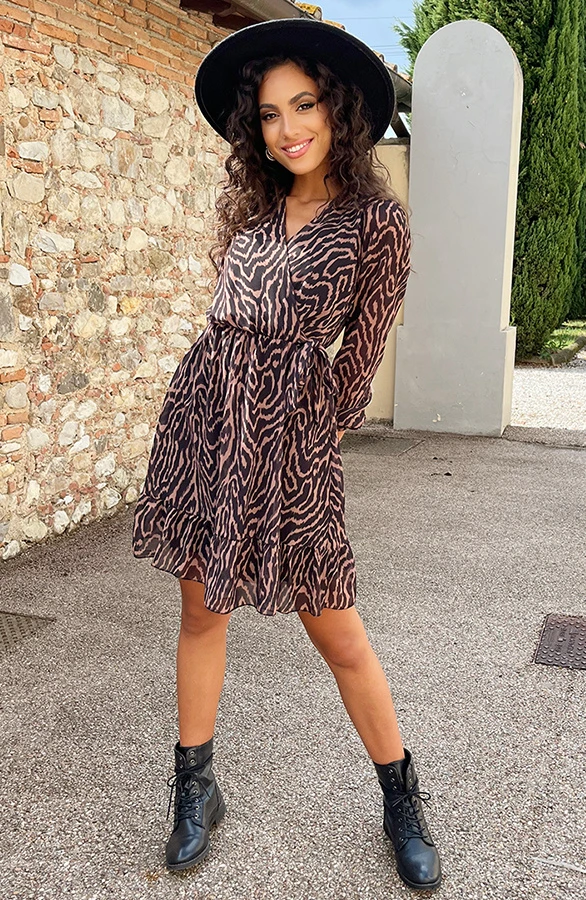 V-hals Strik Jurk Zebra Camel 7 V-hals Strik Jurk Zebra Camel - Afbeelding 7