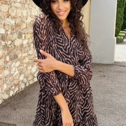 V-hals Strik Jurk Zebra Camel 20 V-hals Strik Jurk Zebra Camel -Exporteren Dames Glam Winkel V hals Strik Jurk Zebra Camel 3 586x900 1