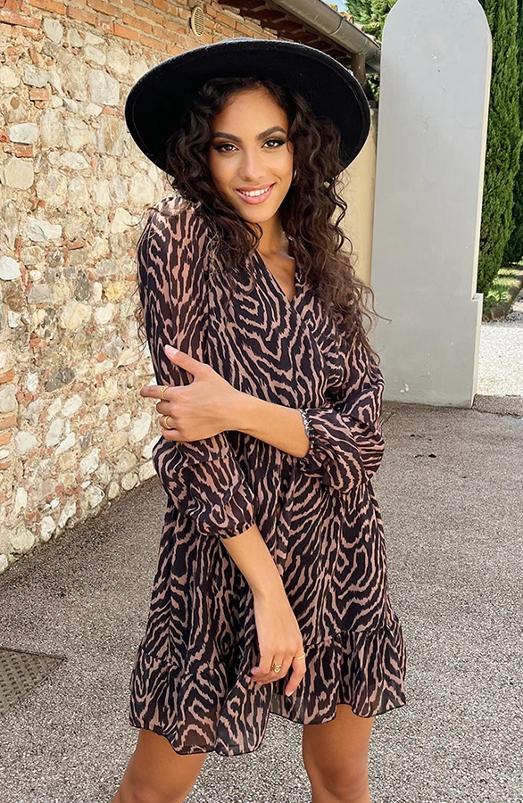 V-hals Strik Jurk Zebra Camel 8 V-hals Strik Jurk Zebra Camel - Afbeelding 8