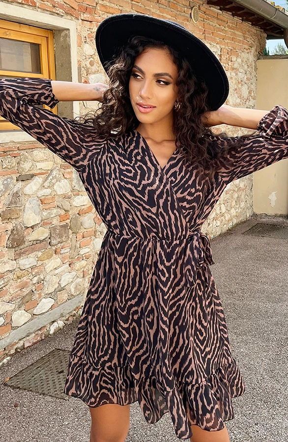 V-hals Strik Jurk Zebra Camel 9 V-hals Strik Jurk Zebra Camel - Afbeelding 9