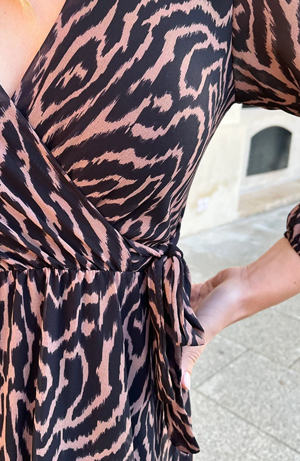 V-hals Strik Jurk Zebra Camel 6 V-hals Strik Jurk Zebra Camel - Afbeelding 6