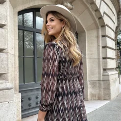 V-hals Strik Jurk Zigzag Choco 15 V-hals Strik Jurk Zigzag Choco -Exporteren Dames Glam Winkel V hals Strik Jurk Zigzag Choco 2 586x900 1