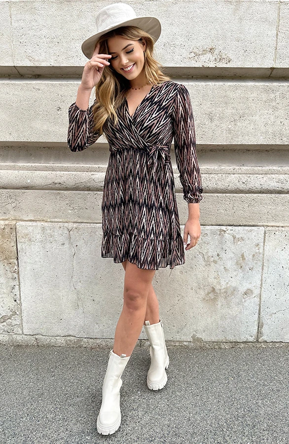 V-hals Strik Jurk Zigzag Choco 7 V-hals Strik Jurk Zigzag Choco - Afbeelding 7