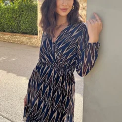 V-hals Strik Jurk Zigzag Kobalt -Exporteren Dames Glam Winkel V hals Strik Jurk Zigzag Kobalt 2 586x900 1