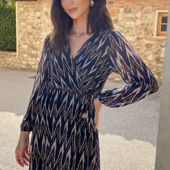 V-hals Strik Jurk Zigzag Kobalt -Exporteren Dames Glam Winkel V hals Strik Jurk Zigzag Kobalt 3 586x900 1