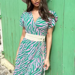 Wikkel Jurk Zebra Groen Roze