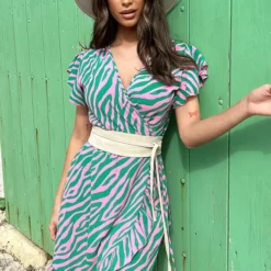 Wikkel Jurk Zebra Groen Roze -Exporteren Dames Glam Winkel Wikkel Jurk Zebra Groen Roze 4 586x900 1